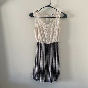 White lace top with blue striped skirt dress